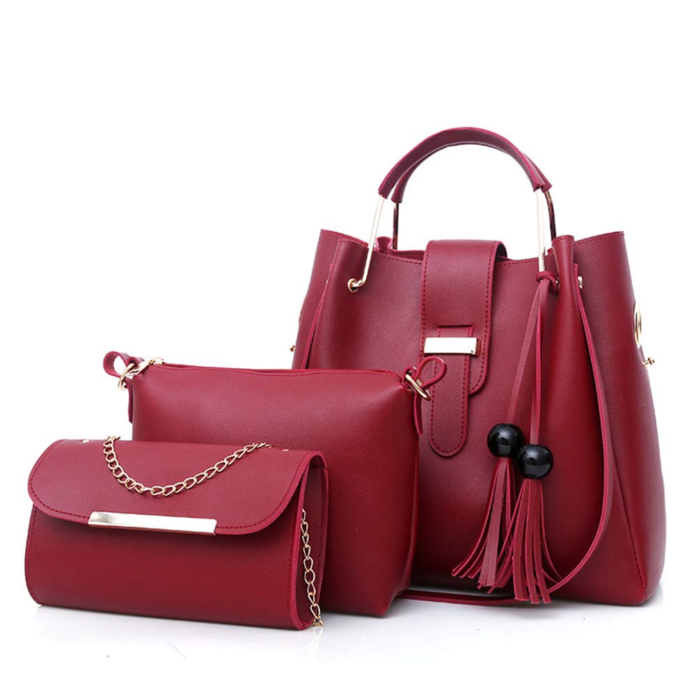AlwaySky Women Soft PU Leather Handbag 3Pcs Set Tote Shoulder Bag Clutch Purses Set (Wine)
