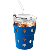 Mrsdry 12oz Iced Coffee Cup with Lids and Straws, BPA Free Reusable Glass Coffee Cups with Silicone Sleeves for Coffee, Iced tea, Thick Wall Glass Cup