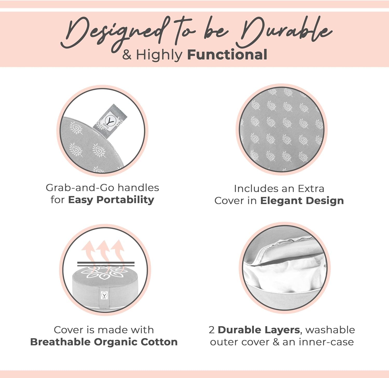 Gayo Meditation Cushion and Floor Pillow. Ideal for Meditation Pillow, Yoga, & Floor Sitting - Premium Buckwheat Supportive Round Cushion with Changeable Cover. Versatile & Stylish - 16" in - Image 5