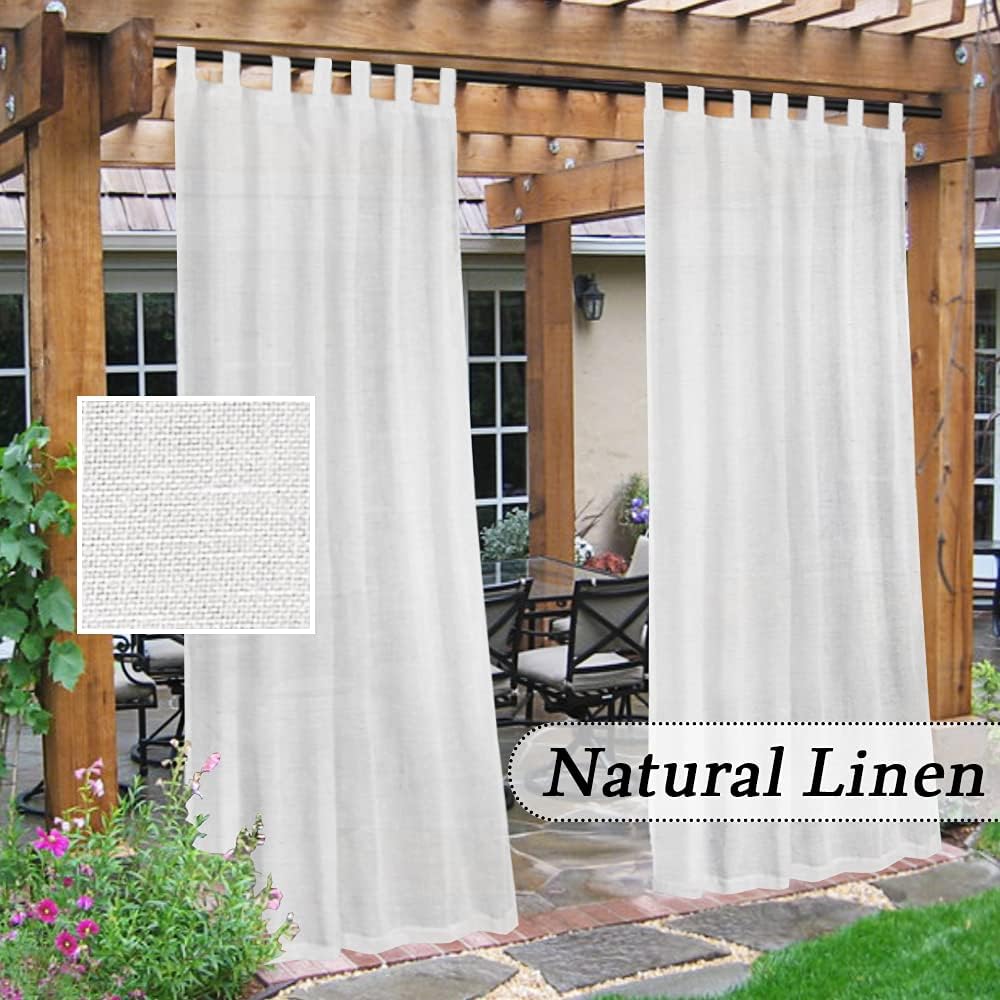 Outdoor Curtains - Outdoor Linen Sheer Curtains for Patio Waterproof - Indoor/Outdoor Divider Privacy Added Light Filtering Porch Decor with Detachable Self-Stick Tab Top for Gazebo/Cabana, White, 2 Pieces, W52 x L95
