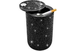 SHMZK Car Cigarette Ashtray with Lid, Stainless Steel Bling Crystal Diamond Smokeless Fireproof Vehicle Ashtray Holder, Portable Sparkling Ashtray Cup Holder for Car Home Office (Black)