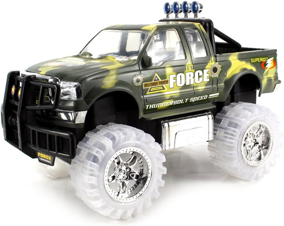 Thunderbolt Super Duty Camo Monster Children's Kid's Friction Toy Truck Ready To Run, Light Up Wheels, Music (Colors May Vary)