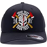Custom Embroidered Thin Red Line Firefighter Logo American Skull Crossed Axes with Custom Text. 6277 Flex Fitted Baseball Hat