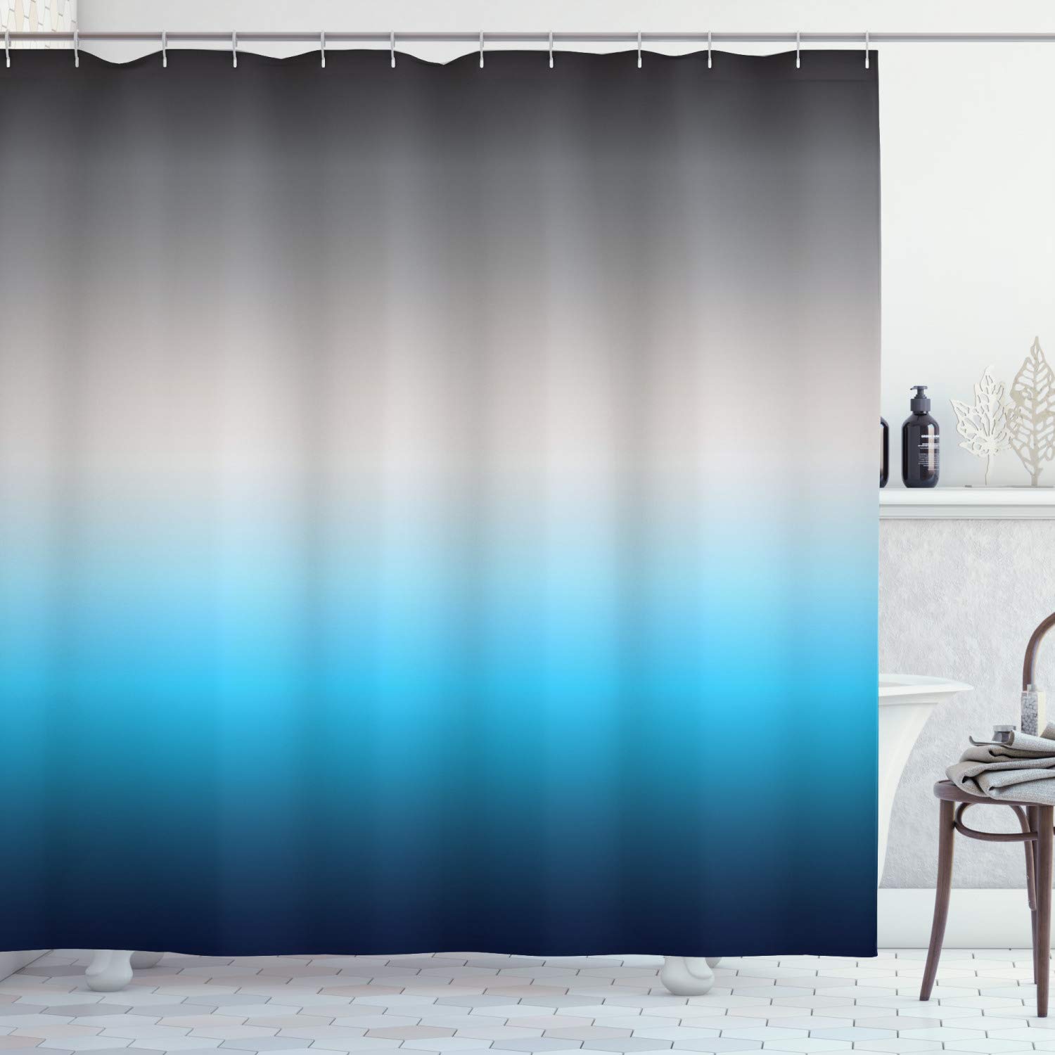ABAKUHAUS Ombre Shower Curtain, Abstract Color Change Pattern Ornamental Blue Tones Open Sky Theme Design, Cloth Fabric Bathroom Decor Set with Hooks, 78 Inches, Grey and Blue