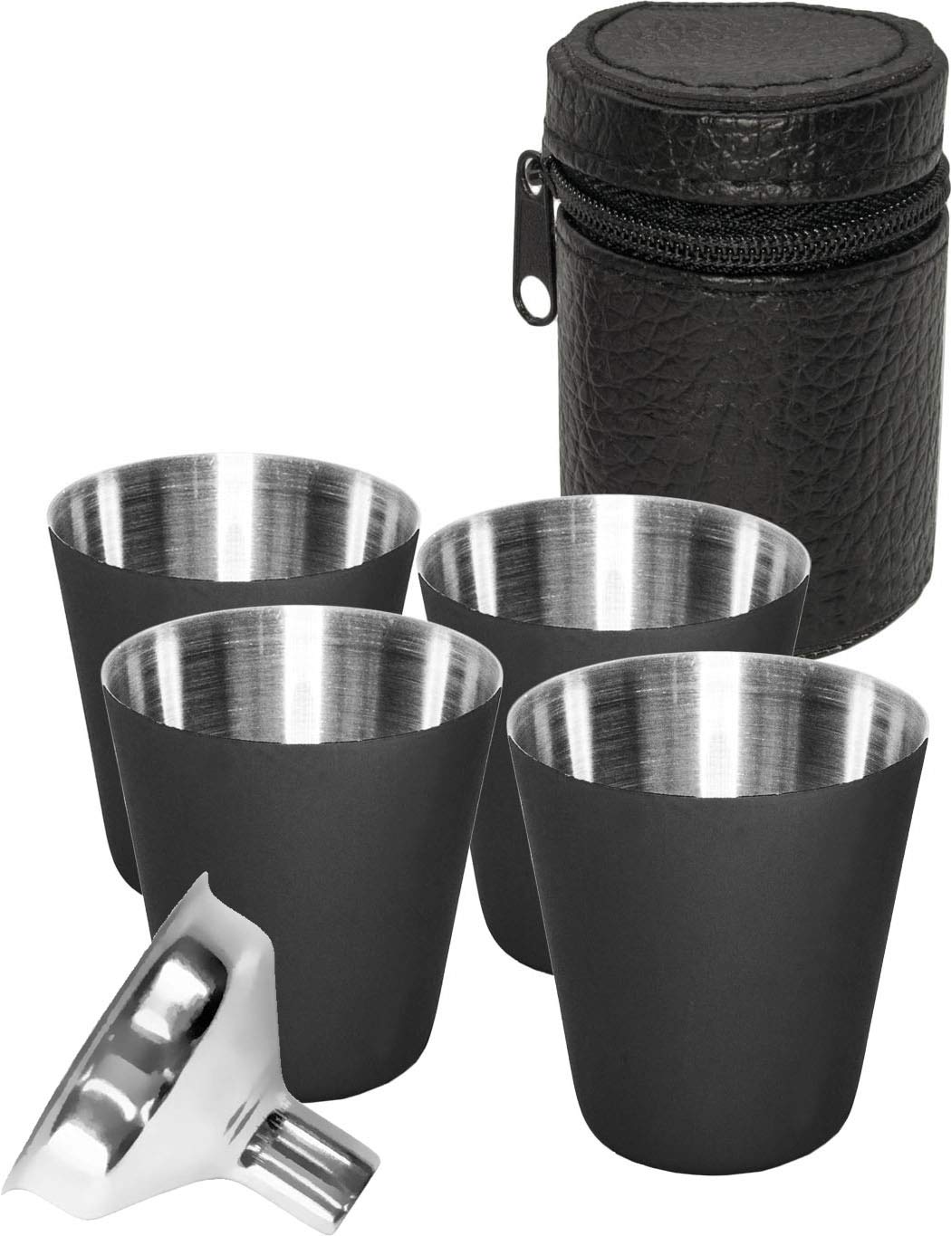 Outdoor Saxx 4 x Stainless Steel Cup Set, Shot Glasses, Unbreakable, with Bag and Funnel, Black