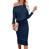 Ezbelle Women's Off The Shoulder 3/4 Sleeve Batwing HIPS-Wrap Pencil Party Sexy Bodycon Midi Dress Loose