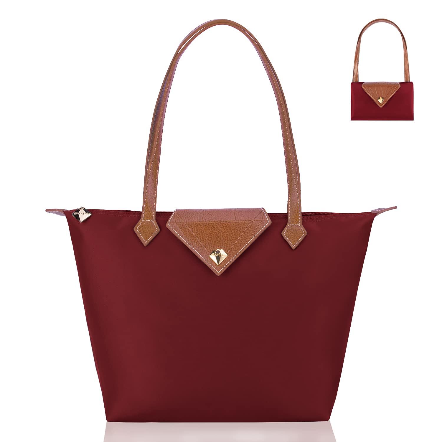 BOJLY Tote Bags for Women Stylish Waterproof Nylon Ladies Shoulder Bag Top Handle Handbag Folding Beach Travel Bag for Work,Shopping, School Maroon Red Small