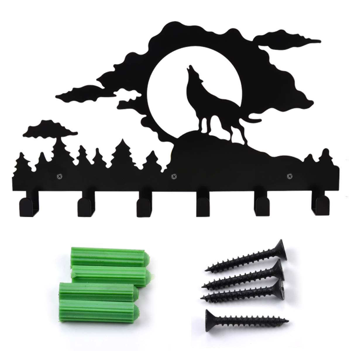 Wall Mounted Coat Rack,Kathy Metal Towel Hook Rack Moon Cloud Animal Wolf Hanger for Bathrooms Kitchen Door Hanging Key Robe Belt Bag Umbrella-6 Hooks,Black