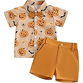 Rtnnsbbfcm Toddler Baby Boy Halloween Outfit Short Sleeve Bow Tie Pumpkin Ghost Button Down Shirt Top Shorts 2Pcs Set
