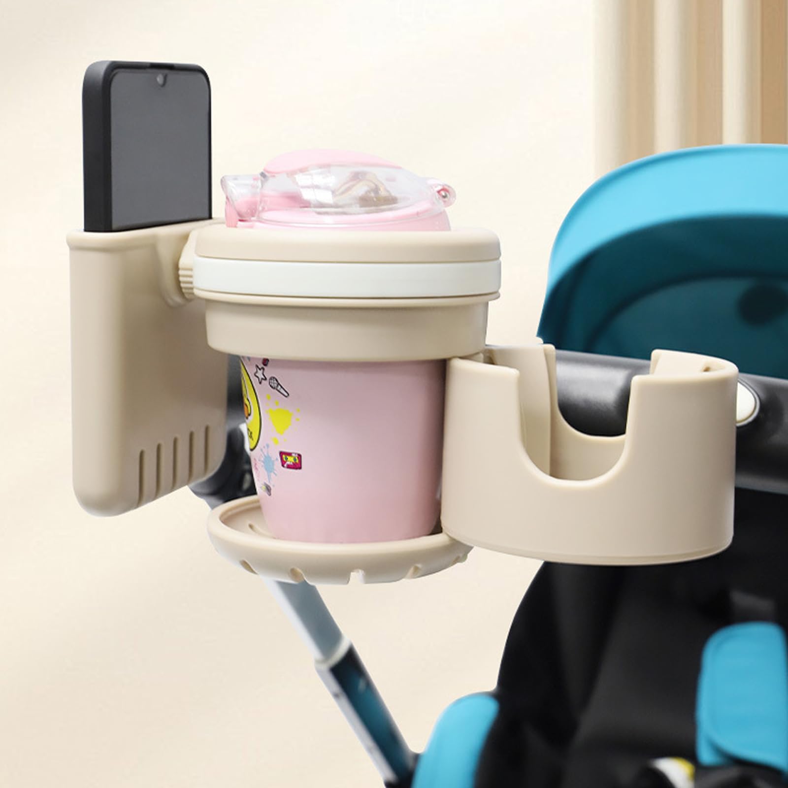 Lusinus Stroller Cup and Phone Holder Compatible with YOYO – 3-in-1 Dual Cup & Phone Organizer with 360° Rotating Clamp – Fits Bottles, Coffee Cups, Smartphones