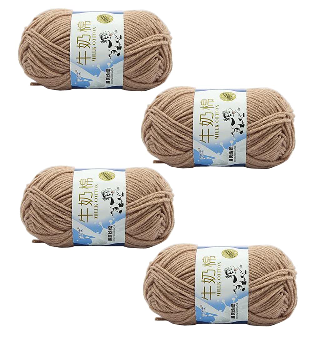 4Pcs 50g Milk Yarn Knitting Cotton Yarn Soft Chunky Hand-Woven Crochet Wool Yarn for Handcrafts Crocheting Knitting (Light Khaki)