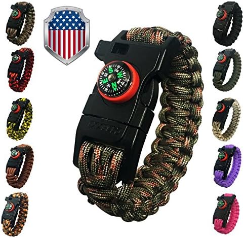 550 Paracord Survival Bracelet Kit 5-in-1 Hunting Gear with Emergency Knife, Compass, Fire Starter, Flint and Whistle by Exxceed, Army Green Camo, Large