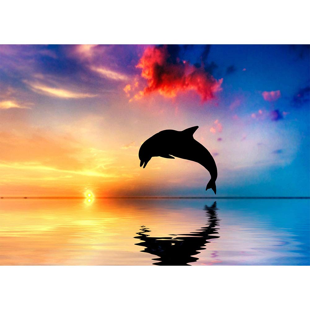 5D Diamond Painting Kits, Dolphin Sea Surface Jump Sunset Cloud Animals WOWDECOR Full Drill DIY Diamond Art Cross Stitch Paint by Numbers