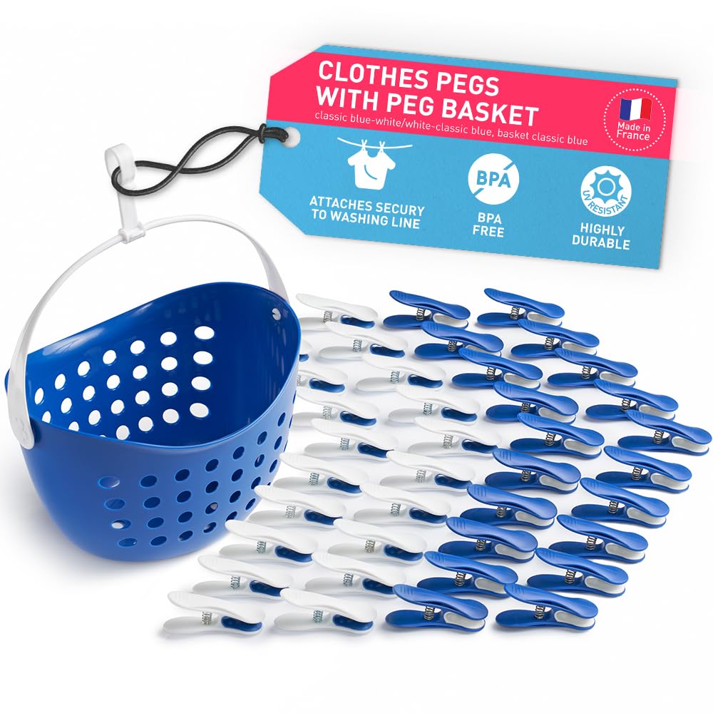 culiclean Clothes Pegs for Washing Line – Clothes Peg and Bag Set with Peg Basket for Washing Line – Washing Peg and Basket with Hanger – 40 Pegs, 1 Holder – classic blue-white/classic blue