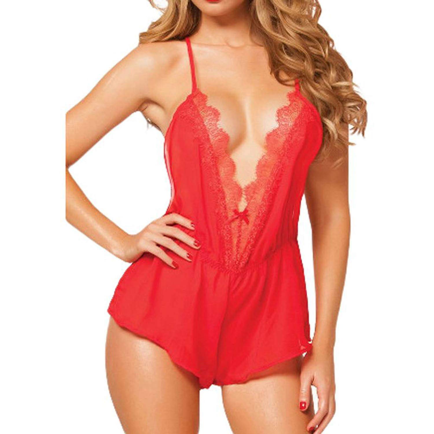 Women Sexy Lace Silk V-Neck Off Shoulder Backless Sleepwear