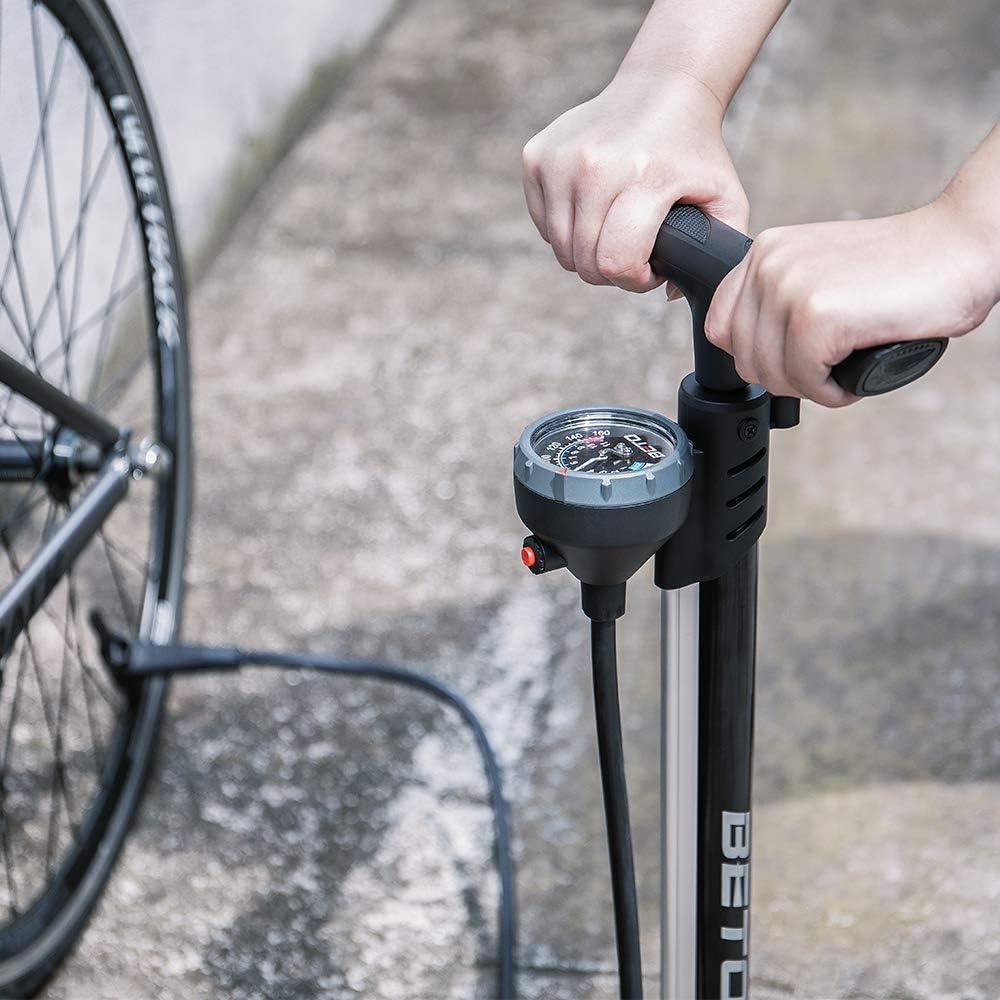 Beto Bike Pump Portable - Bicycle Floor Pump with Industrial Top-Mounted Gauge & Air Bleed Button - Presta Schrader Dunlop Valve Universal, Steel Tube 160 Psi Max (Black/Red) : Sports & Outdoors