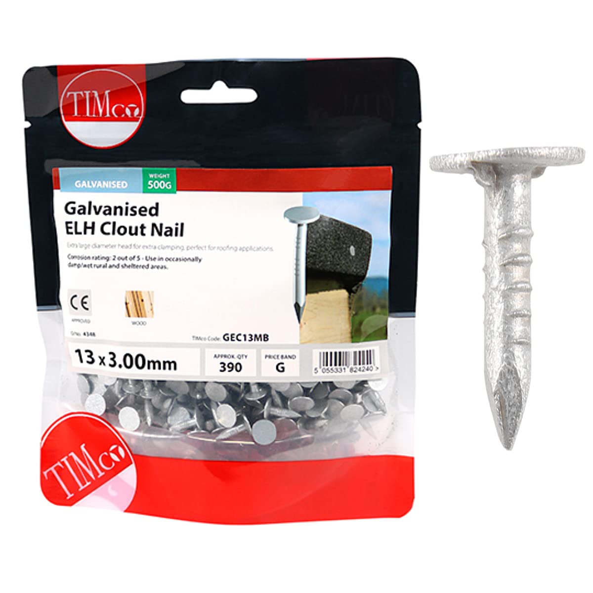 TIMCO Galvanized ELH Clout Nails - 13 x 3.00 - Extra Clamping - Perfect for Fitting Roofing Felt and plasterboard - 0.5kg Bag - Silver