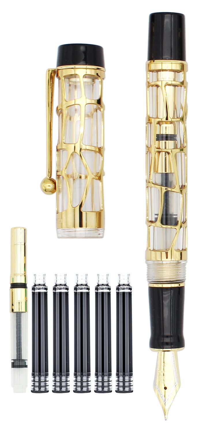Gullor Century 100 Fountain Pen, Skeleton Hollow-out Series Golden, Screw-Cap, Fine Nib, Transparent