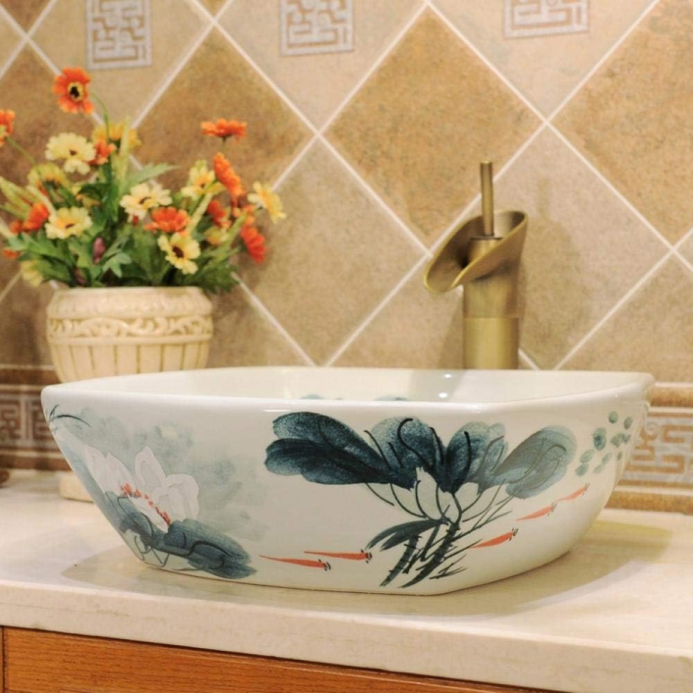 Hiwenr Square art hand painted ceramic wash basin foot pedicure basin bathroom sinks lotus pattern