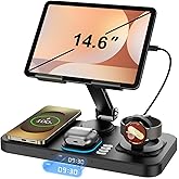 30W Wireless Charger for Samsung/Android Mag-Safe Charging Station with Clock/Light for Samsung S25/S24/S23 Ultra/Buds, for iPad/Tablet Stand, Watch Charger Only for Galaxy Watch 7/6/5,Carbon Black
