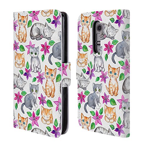 Official Micklyn Le Feuvre Kittens And Clematis On White Cats Leather Book Wallet Case Cover For LG G2/D800/D802/D801