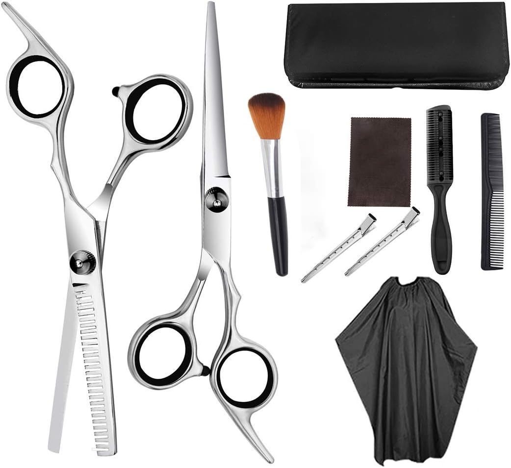 Haircutting Set, 10Pcs Professional Hair Cutting Dresser Thinning Scissors Barber Shears Comb Set Salon, Barber Cape Hair Razor Comb, Clips, Sharp Hair Cutting Set for Kids, Women and Men …