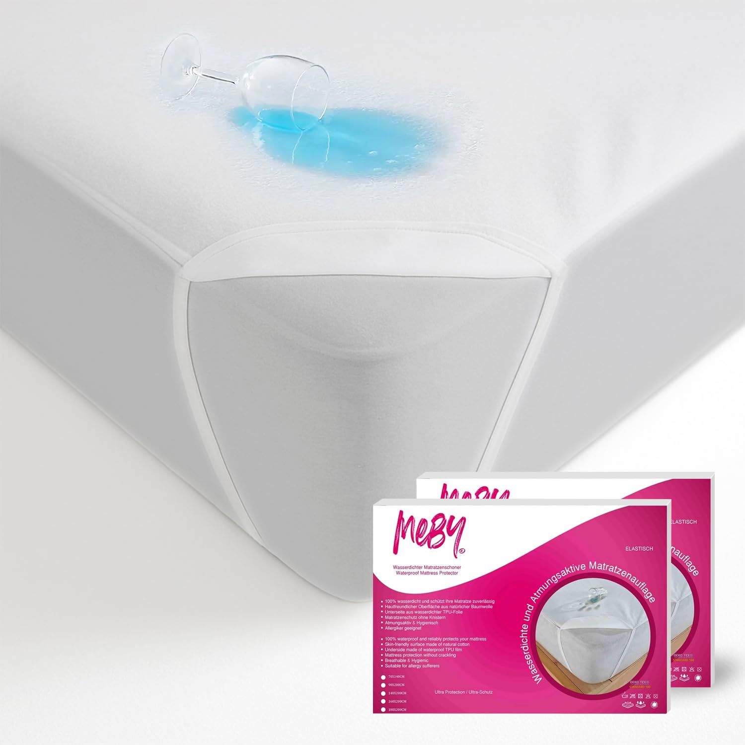 MEBY 90 x 200 cm Waterproof Mattress Protector. Breathable Cotton Mattress Topper, Waterproof, Moisture Protection, Elastic, Crinkle-Free, with 4 Corner Elastics (90 x 200 cm (Set of 2))