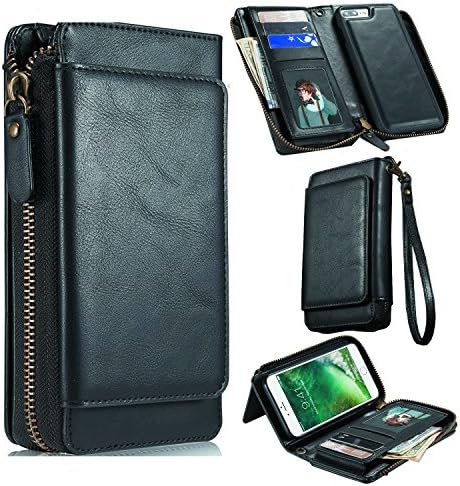 iPhone 7 Plus Wallet Case,Zipper Wallet Case Magnetic Detachable Large Storage Phone Cover 12 Card Slots 2 Cash Slots Removable Handbag with Wrist Strap and stand Card Holder for iPhone 7 Plus -Black