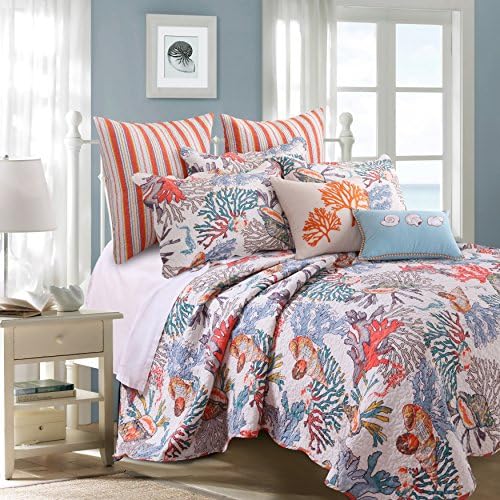 5 Piece Orange Multi Coastal Pattern Quilt King Set, Bright Deep Sea Coral Floral, Seashells Print, Whimsical Beach Shore Theme, Stripes Design Reversible Bedding, Abstract Colors, Cotton, Polyester