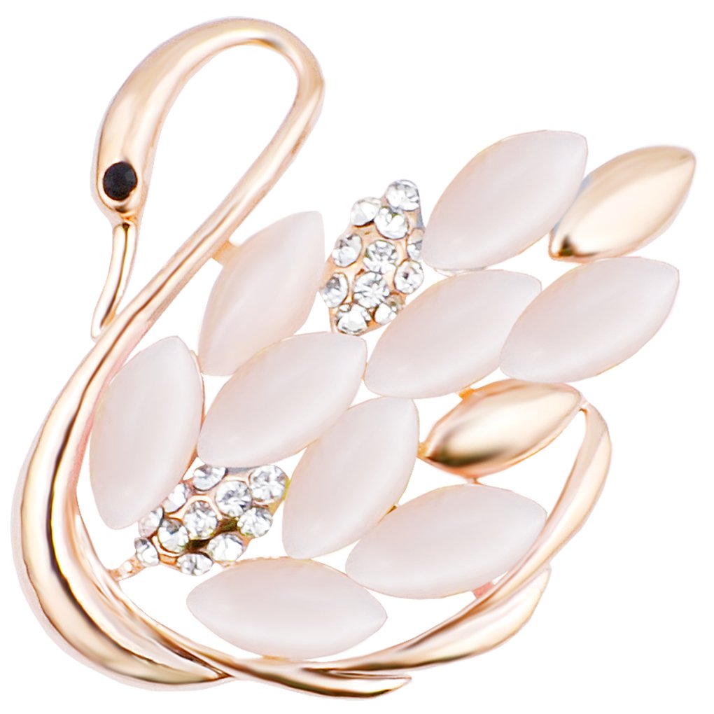 FENGJI Women Opal Swan Brooches Gold and Silver Plated Wedding Crystal Brooch Pin Gold White