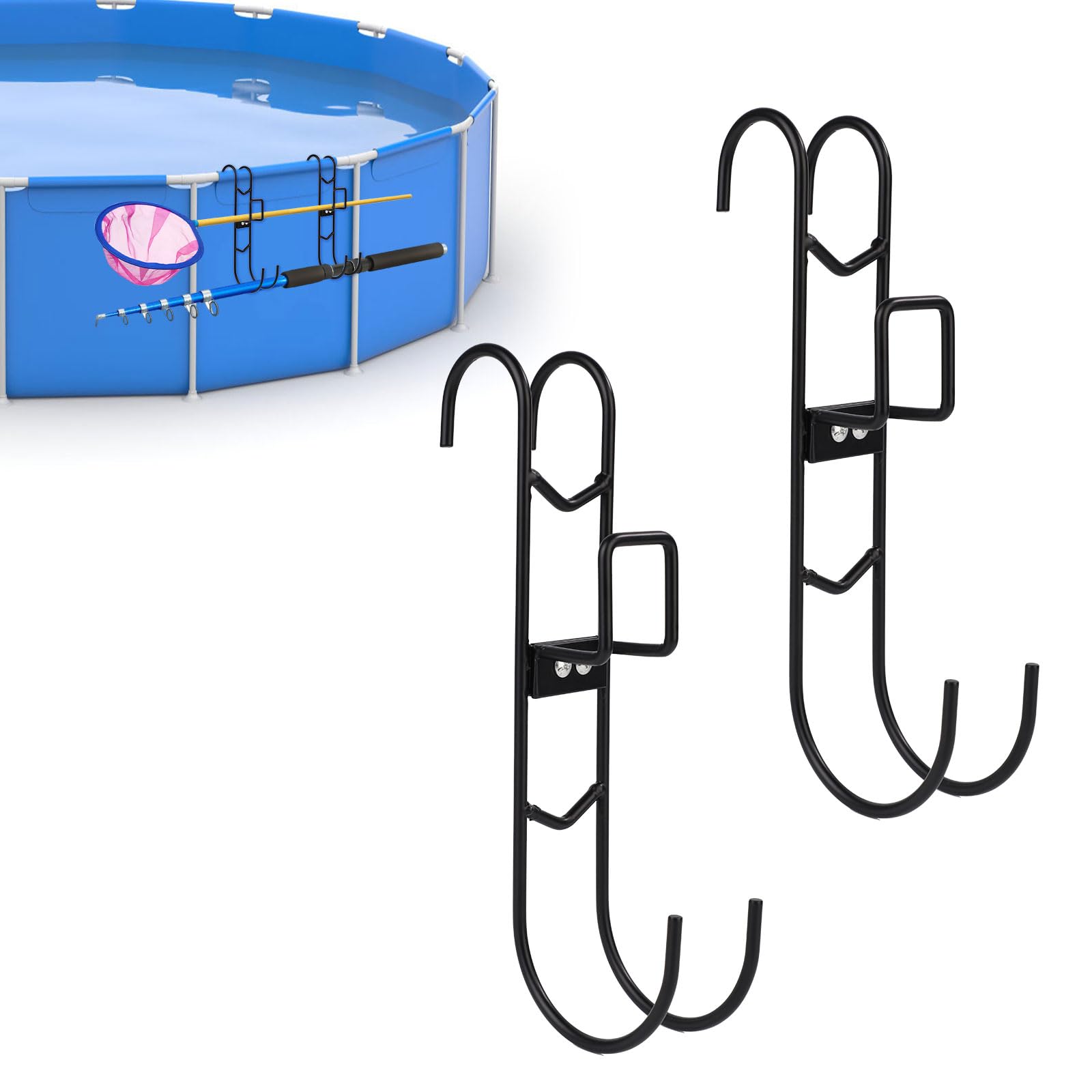 lasuroa 2pcs Pool Pole Hooks, 9.84x3.27x1.69in Metal Poolside Hook Pool Pole Hangers Swimming Pool Fence Hooks for Hanging Skimmer Hose Rake Net Water Pipe Pool Equipment(Black)