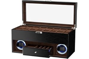 DUKWIN 16 Slot Watch Display Case with Watch Winding for 2, Watch Winder with 4 Rotation Mode, Adjustable Watch Pillow and Blue LED Light for Watch Lover, Multifunctional Watch Box