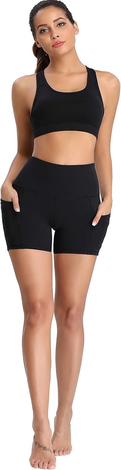 Oalka Women's Short Yoga Side Pockets High Waist Workout Running Sports Shorts 4": Clothing