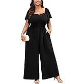 SCOMCHIC Women's Plus Size Jumpsuits Square Neck Dressy Casual Wide Leg Long Pant Romper One Piece Outfits With Pockets