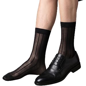 PEOVLVN 2 Pairs Sheer Dress Socks for Men Ultra Thin Silk Socks | Middle Calf Striped Tuxedo Socks for Casual Business Formal