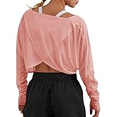 Fisoew Womens Long Sleeve Workout Tops Athletic Shirts Cropped Crossover Back Loose Running Gym Tee with Thumb Holes