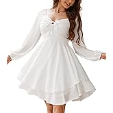 Florboom Women's Lantern Long Sleeve Dress Layered Mini Dresses with Adjustable Ruched Bust, Tie Waist