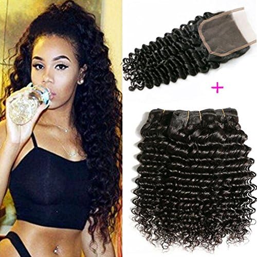 Deep Wave Hair Bundles With Closure 9A Sunyu Hair Peruvian Deep Wave Human Hair 3 Bundles With 4X4 Free Part Lace Closure Natural Color(12 14 16 and 10closure)