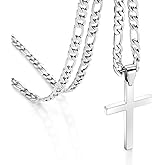 CaptainSteeL Cross Necklace for Men - Stainless Steel Silver/Gold Plain Cross Pendant Necklace Simple Jewelry Gifts, 20/22/24/26 Inches 3:1 Figaro Link Chain 4/5/6mm Width