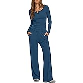 Darong Womens 2 Piece Matching Lounge Sets 2026 Long Sleeve Henley Shirts Wide Leg Pants Airport Travel Outfits