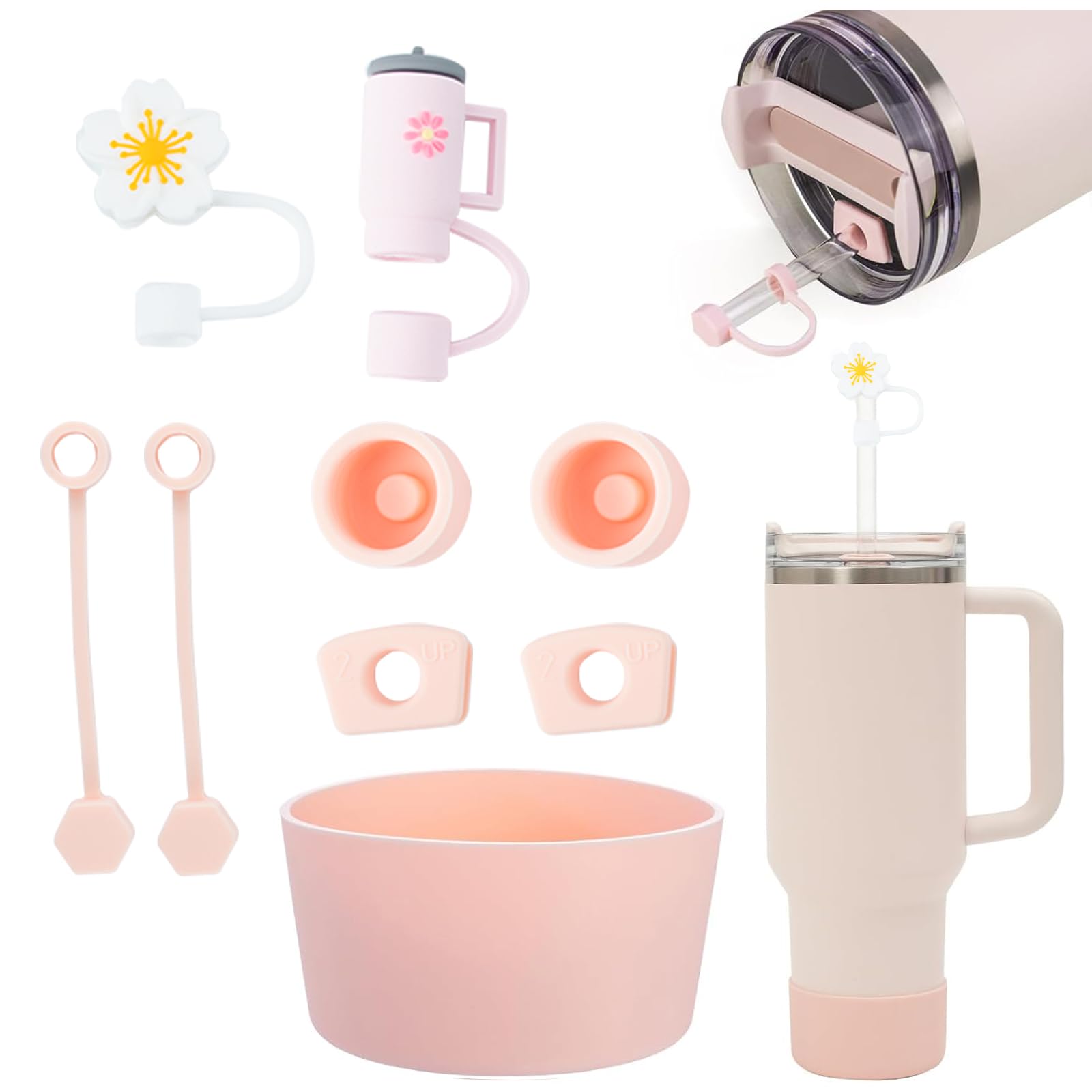 AYNKH Cup Accessories Set for Stanley Cup, Includs 2 Pcs Cup Straw Cover for 9-10mm Straw, 6 Pcs Silicone Spill Proof Stopper, 1 Pc Silicone Bottom Cover, Travel Cup Accessories (Pink)