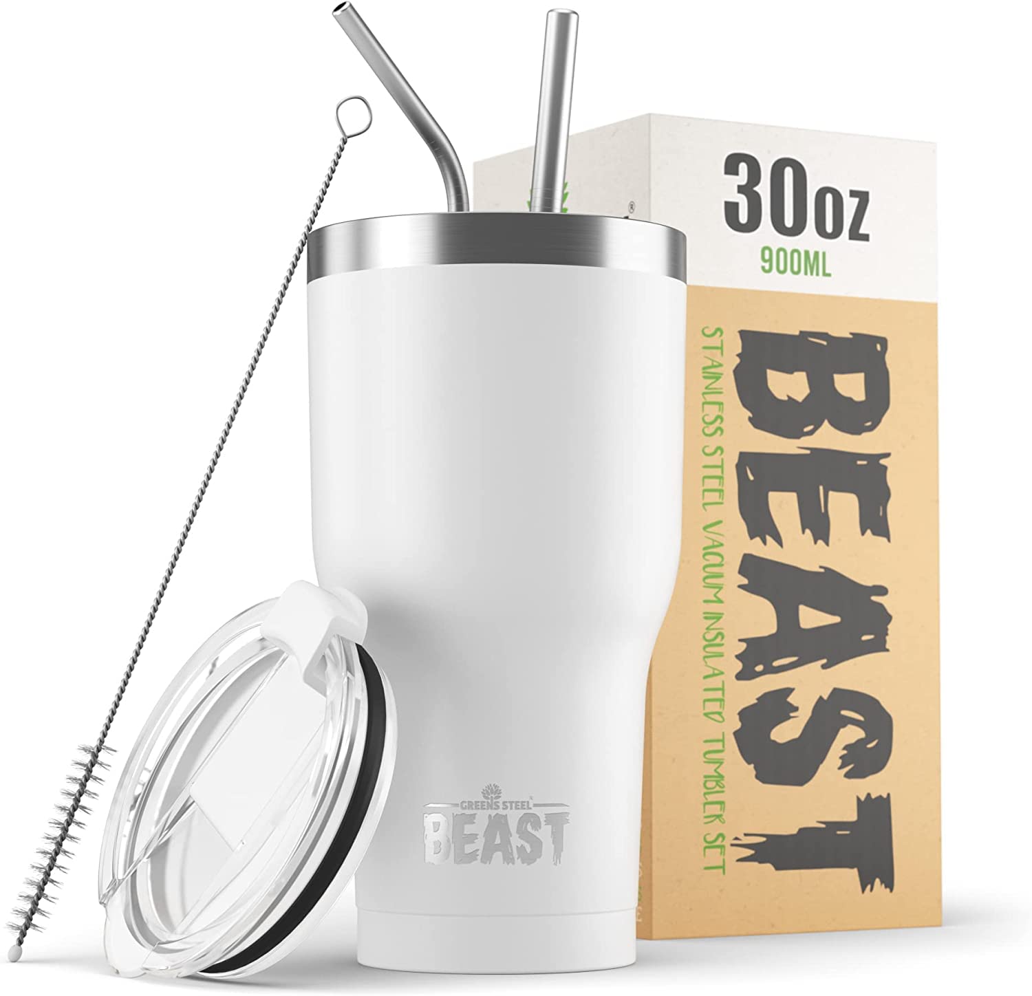 Beast Tumbler - 900 ml (30 oz), White | Reusable Stainless Steel, Vacuum Insulated Cup | with + 2 Straws & Cleaning Brush | Double Wall Travel Flask Perfect for Hot or Iced Coffee | BPA Free