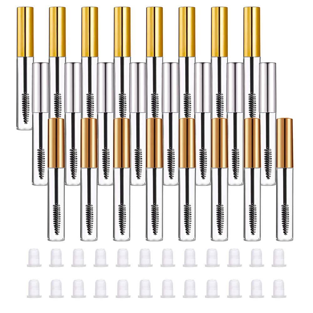 24 Pcs 10ml Empty Mascara Tube, Eyelash Wand Case, Eyelash Tube Brush, Eyelash Cream Container Bottle with 24 Rubber Stoppers (3 Colors)