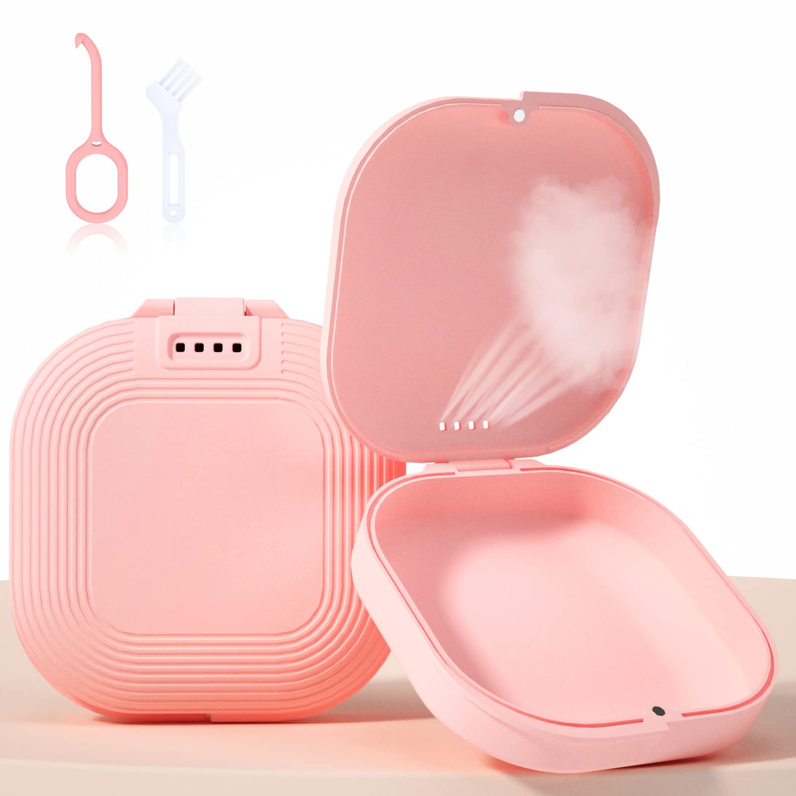 Photo 1 of HEMILAB Retainer Case Compatible with Invisalign - Slim Mouth Guard Case with Remover Tool and Brush, Pink