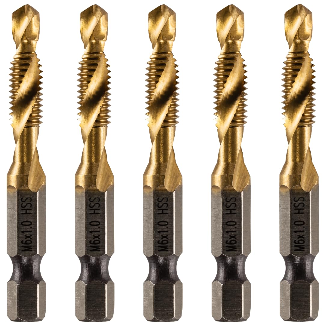 Rennie Tools - Pack Of 5 - M6 x 1 Combination Drill and Tap Bit, 1/4" Hex Shank. Metric Coarse Titanium Coated HSS Spiral Flute Drilling Tapping Tool. 6mm x 1mm Pitch Drill Bit.
