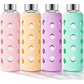 Mrsdry Glass Juice Bottles with Lids and Silicone Sleeves 18 oz, 4-Pack Reusable Clear Glass Water Bottles with Stainless Steel Airtight Cap for Juicing, Refrigerator, BPA Free Leak-Proof Drinking Jar