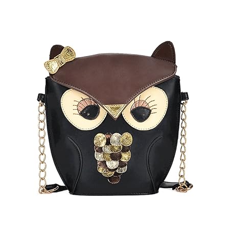 Asosmos Cartoon Fox Owl Design PU Leather Handbag Shoulder Bag Messenger Bag Retro Style (Black)
