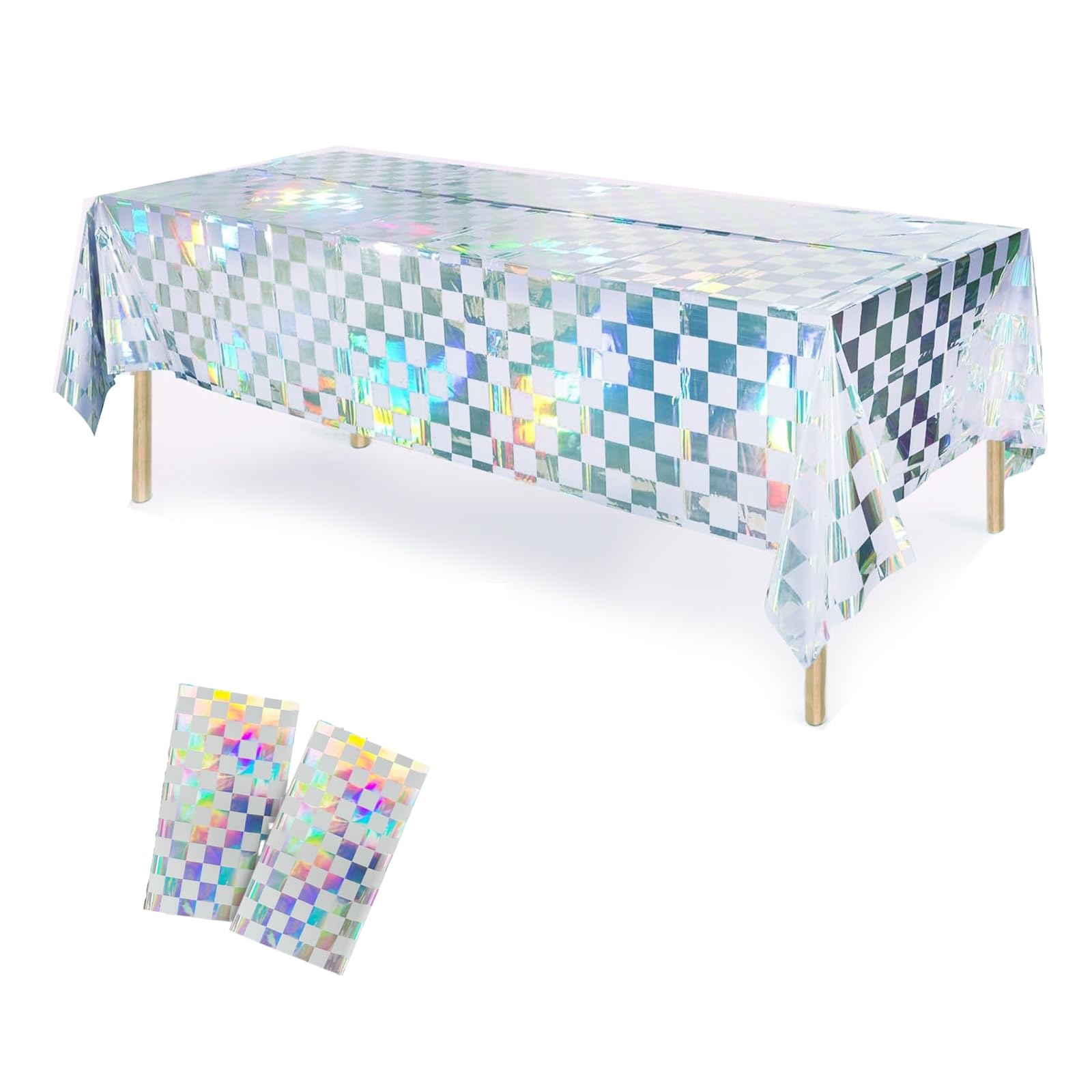 Photo 1 of OQOQ Checkered Iridescent Tablecloth (2 Packs, White&Silver) - Rectangular Plastic Table Cover Disposable Table Cloth Birthday Decorations Waterproof Foil Annivesary Wedding Party 54x108 Inches