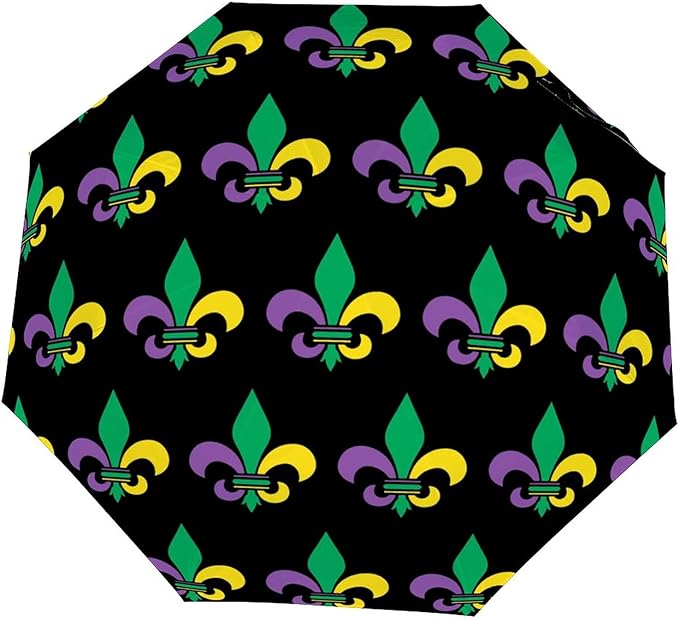 Mardi Gras Fleur De Lis - Paraguas portátil de viaje con tres pliegues