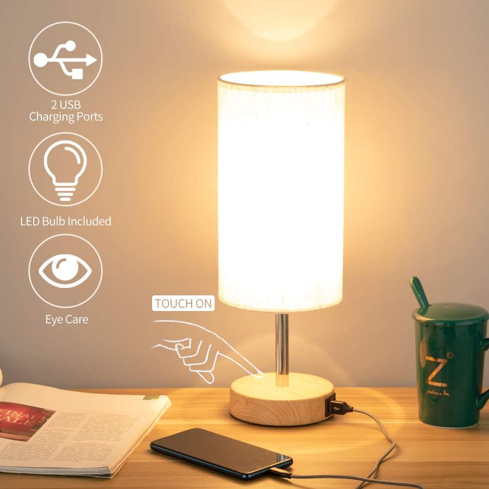 Bedside Lamp with USB port - Touch Control Table Lamp for Bedroom Wood 3 Way Dimmable Nightstand Lamp with Round Flaxen Fabric Shade for Living Room, Kids Room, College Dorm, Office(LED Bulb Included) - - 